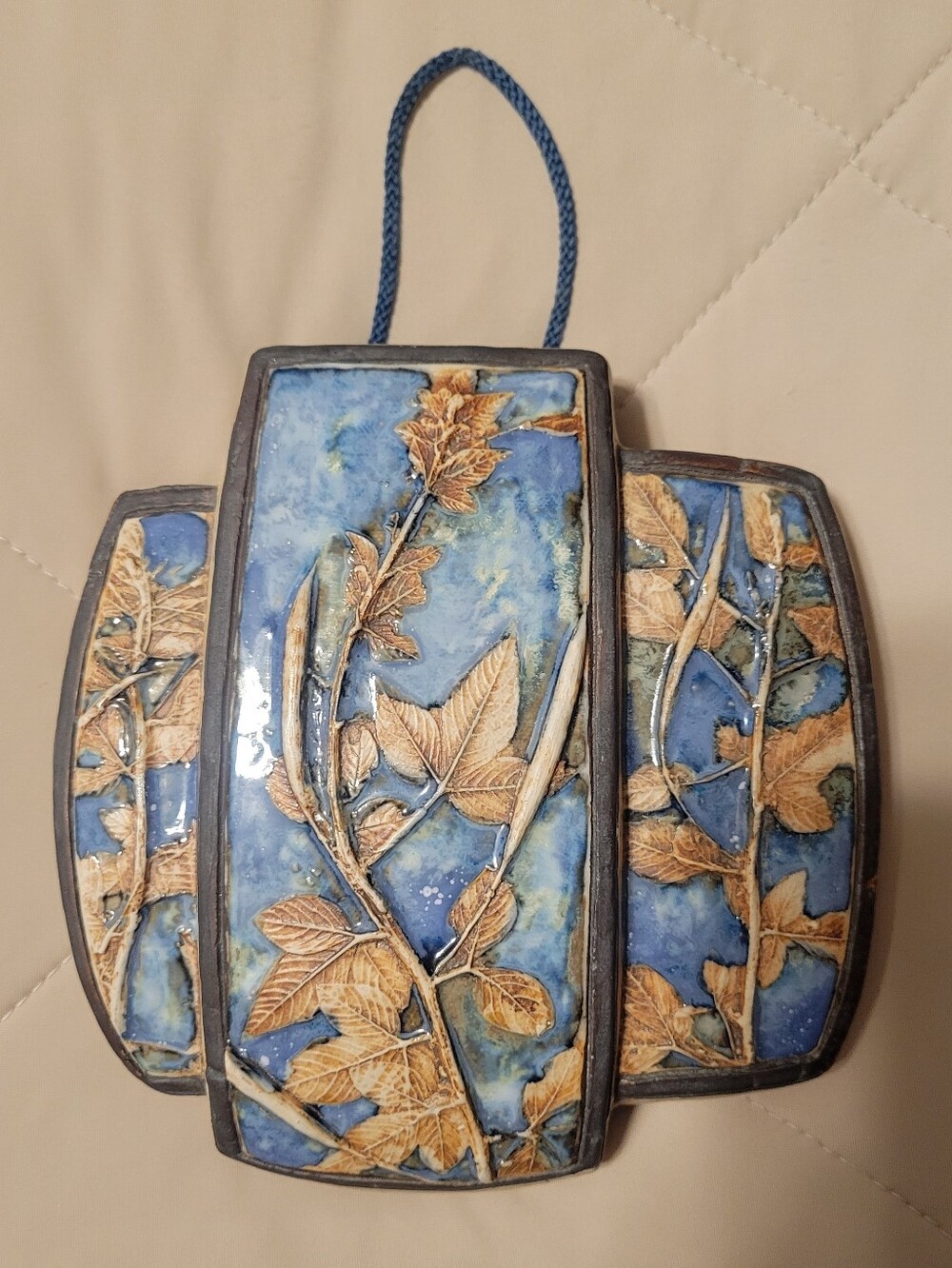 Vintage Tenmoku Pottery Malaysia Wall Pocket Hanging Vase Leaf Relief Blue Glaze